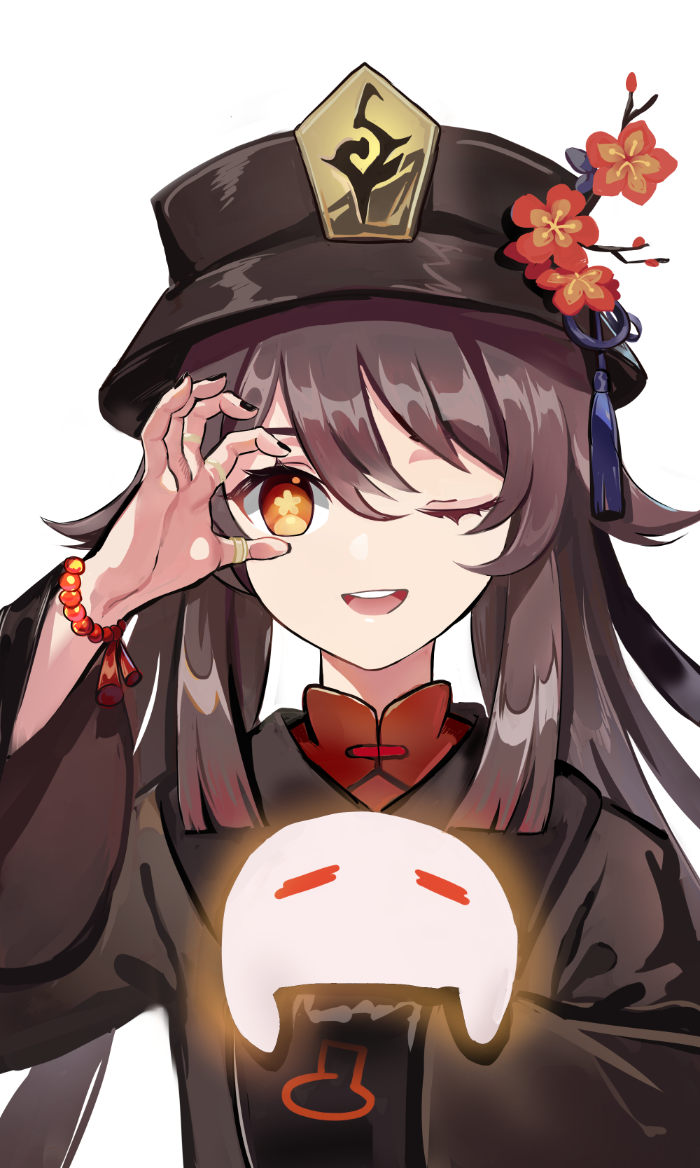 1girl ;d bead_bracelet beads black_headwear black_nails bracelet brown_hair cang_yan closed_eyes flower genshin_impact ghost hat highres hu_tao jewelry long_sleeves looking_at_viewer nail_polish one_eye_closed open_mouth ring simple_background smile solo top_hat twintails white_background