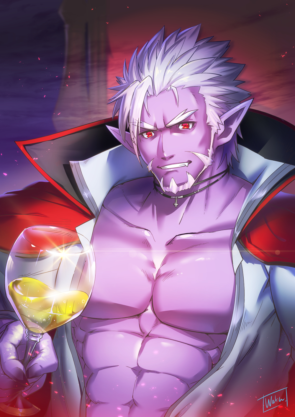 1boy beard colored_eyelashes colored_skin commentary_request cup drinking_glass facial_hair fang fang_out gilzaren_iii grin highres holding holding_cup looking_at_viewer male_focus nijisanji open_clothes open_shirt pectorals purple_skin red_eyes shirt signature silver_hair smile solo thick_eyebrows upper_body virtual_youtuber waku_(ayamix) white_shirt wine_glass