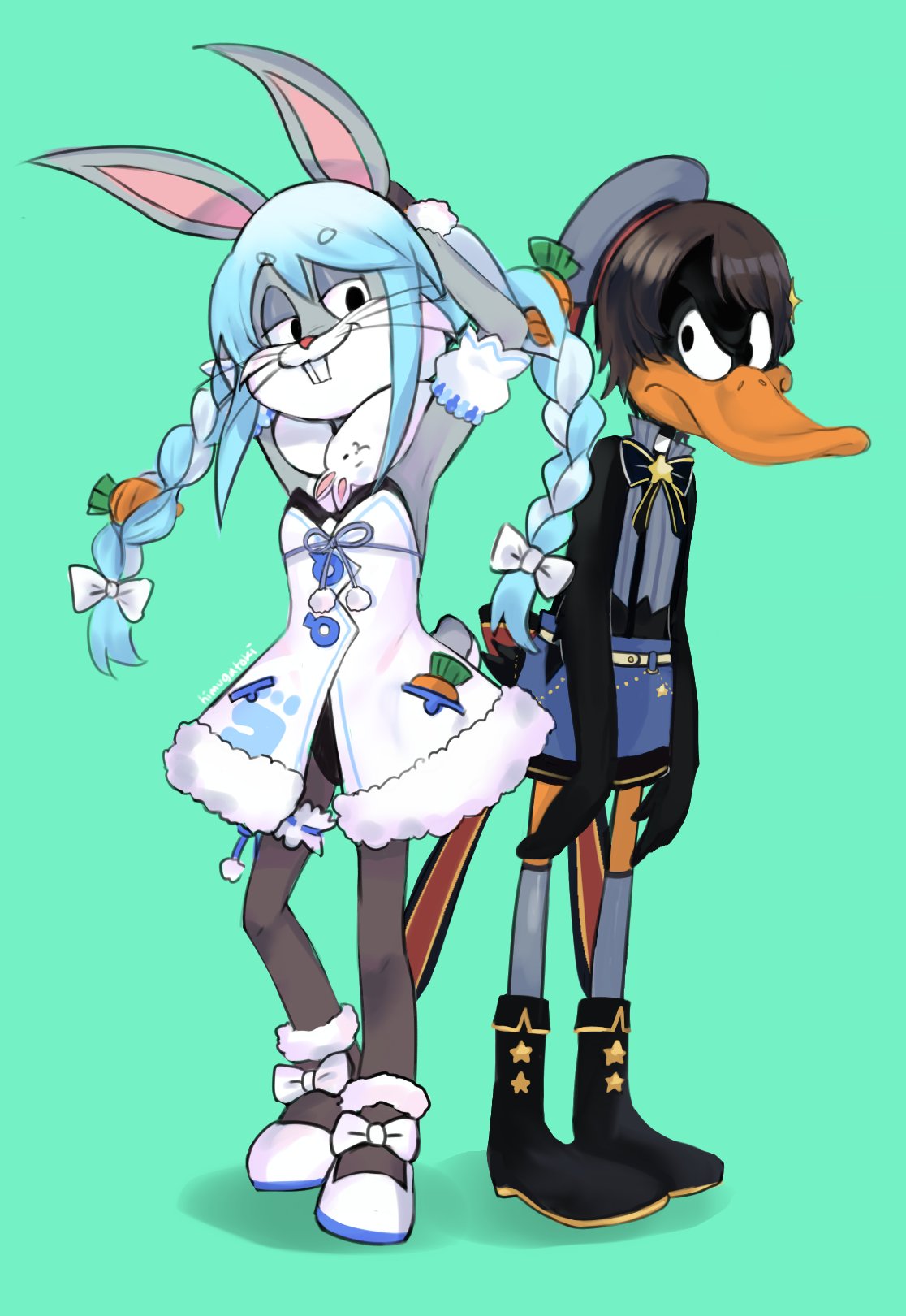 2boys bangs bare_arms bare_shoulders beret black_footwear black_hair black_leotard blue_hair blue_skirt boots bow braid buck_teeth bugs_bunny carrot carrot_hair_ornament closed_mouth cosplay crossdressinging daffy_duck detached_sleeves don-chan_(usada_pekora) dress eyebrows_visible_through_hair food_themed_hair_ornament green_background grey_headwear grey_legwear grey_shirt hair_between_eyes hair_bow hair_ornament hat highres himuhino hololive leotard long_hair looking_at_viewer looney_tunes male_focus multicolored_hair multiple_boys oozora_subaru oozora_subaru_(cosplay) puffy_short_sleeves puffy_sleeves shadow shirt shoes short_eyebrows short_sleeves skirt sleeveless sleeveless_shirt smile standing strapless strapless_dress strapless_leotard thick_eyebrows thigh-highs twin_braids twintails two-tone_hair usada_pekora usada_pekora_(cosplay) very_long_hair virtual_youtuber white_bow white_dress white_footwear white_hair white_sleeves