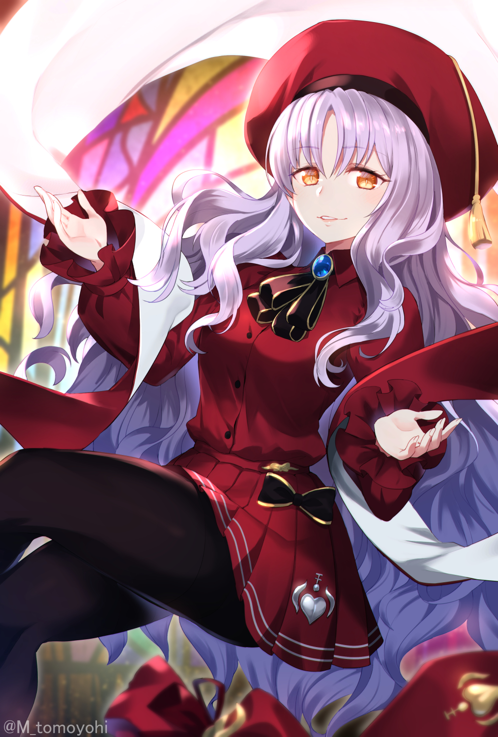 1girl beret bow caren_hortensia commentary_request fate/grand_order fate_(series) frilled_sleeves frills grey_hair hands_up hat heart highres jacket long_hair long_sleeves looking_at_viewer pantyhose pleated_skirt scarf skirt solo stained_glass tomoyohi translation_request twitter_username yellow_eyes