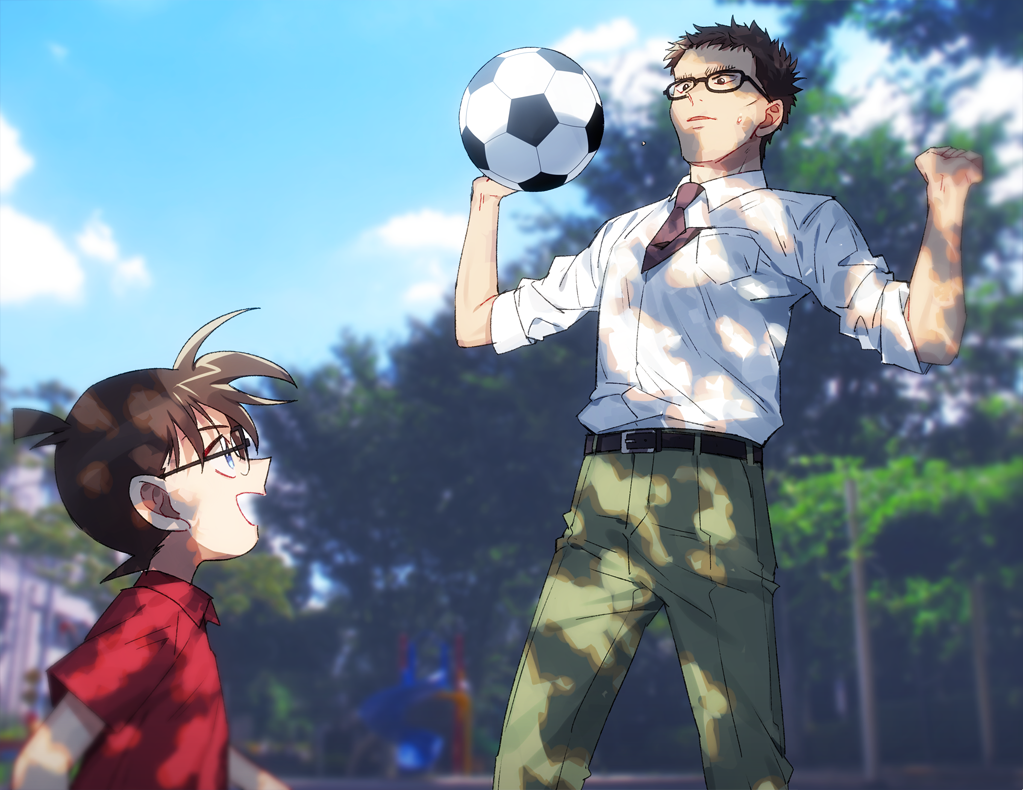 2boys :d ball bangs belt black-framed_eyewear black_belt blue_eyes blue_sky blurry blurry_background brown_eyes brown_hair casual child clouds collared_shirt commentary_request dappled_sunlight day edogawa_conan from_side glasses green_pants hands_up height_difference k_(gear_labo) kazami_yuuya looking_at_another looking_at_object male_focus meitantei_conan multiple_boys necktie open_mouth outdoors pants playing_sports purple_neckwear red_shirt shirt shirt_tucked_in short_hair short_sleeves sky sleeves_rolled_up smile soccer_ball sport standing sunlight sweatdrop tree white_shirt