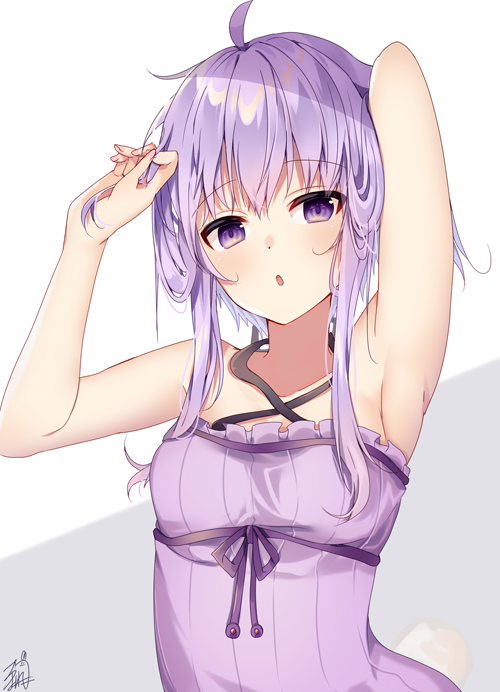 1girl ahoge armpits arms_up bangs bare_arms bare_shoulders blush collarbone criss-cross_halter dress eyebrows_visible_through_hair frilled_dress frills grey_background hair_between_eyes halterneck long_hair looking_at_viewer omuretsu parted_lips purple_dress purple_hair signature solo two-tone_background upper_body violet_eyes voiceroid white_background yuzuki_yukari