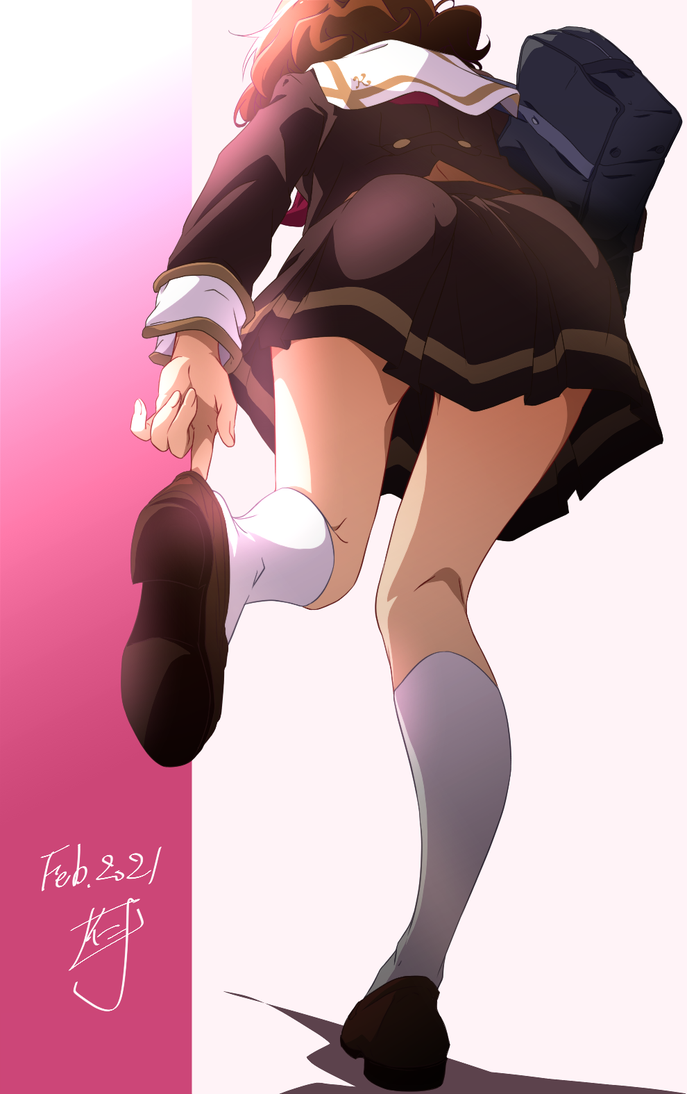 1girl adjusting_clothes adjusting_shoe back bag brown_footwear brown_hair brown_shirt brown_skirt carrying_bag commentary dated from_behind full_body hibike!_euphonium highres kitauji_high_school_uniform kneehighs kneepits leaning_forward legs loafers long_sleeves lower_body miniskirt neckerchief nii_manabu oumae_kumiko pink_background pleated_skirt red_neckwear removing_shoes sailor_collar school_bag school_uniform serafuku shirt shoe_soles shoes short_hair signature single_stripe skirt sleeve_cuffs solo standing standing_on_one_leg two-tone_background wavy_hair white_background white_legwear white_sailor_collar