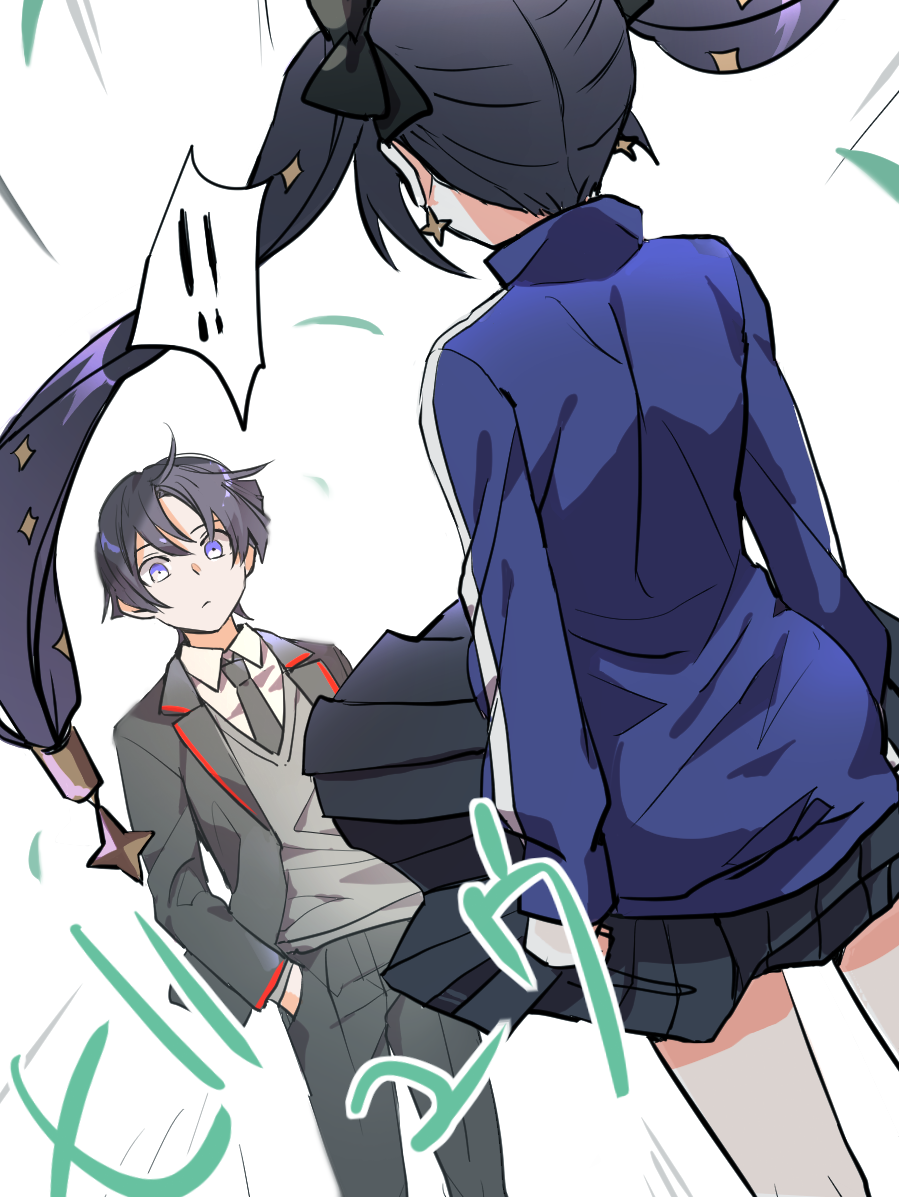 !! 1boy 1girl accidental_exposure black_hair blazer blue_eyes blue_hair earrings genshin_impact hair_ornament jacket jewelry long_sleeves mona_(genshin_impact) necktie pants pleated_skirt rome_romedo scaramouche school_uniform skirt skirt_lift standing star_(symbol) star_earrings star_hair_ornament thought_bubble track_jacket twintails wind wind_lift