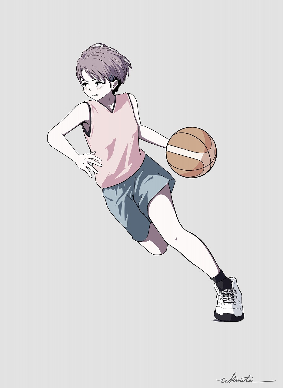 1girl artist_name basketball brown_hair hair_ornament hairclip highres jersey original playing_sports shoes short_hair shorts signature simple_background sneakers sport takimoto_nao