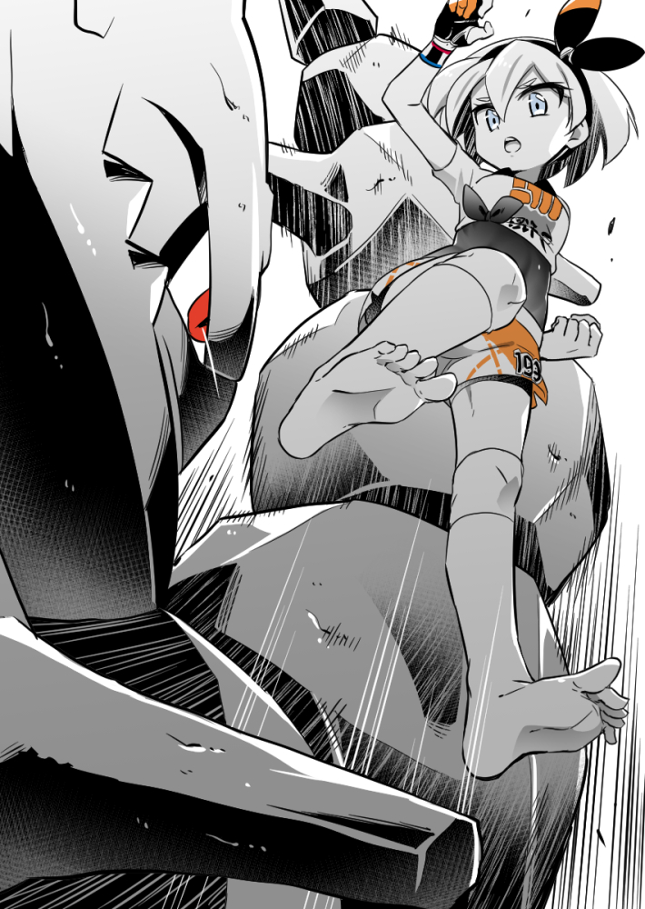 1girl bangs barefoot bea_(pokemon) black_bodysuit black_hairband bodysuit bodysuit_under_clothes bow_hairband chida_daisuke commentary_request dynamax_band eyelashes gen_2_pokemon gloves grey_eyes gym_leader hair_between_eyes hairband knee_pads number open_mouth partially_fingerless_gloves pokemon pokemon_(creature) pokemon_(game) pokemon_swsh print_shirt print_shorts shirt short_hair short_sleeves shorts side_slit side_slit_shorts single_glove soles spot_color steelix teeth tied_shirt toes tongue