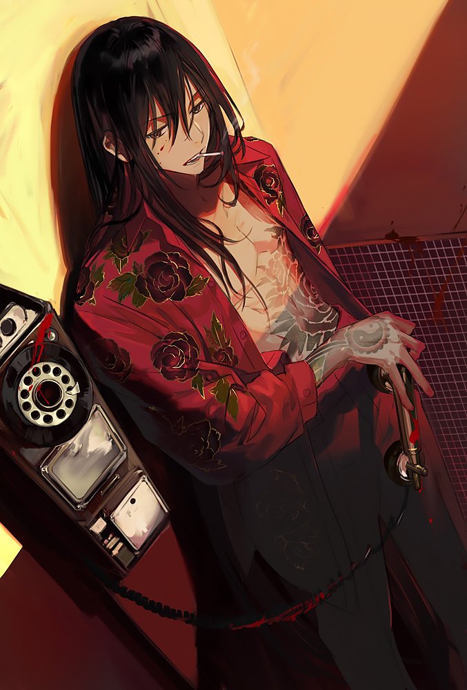 1boy black_hair blood blood_on_face brown_eyes chest_tattoo cigarette collared_jacket fate/grand_order fate_(series) floral_print flower_tattoo holding holding_phone itefu jacket long_hair long_sleeves male_focus open_clothes open_jacket open_mouth pants payphone phone shirtless smoke smoking solo tattoo yan_qing_(fate) yin_yang