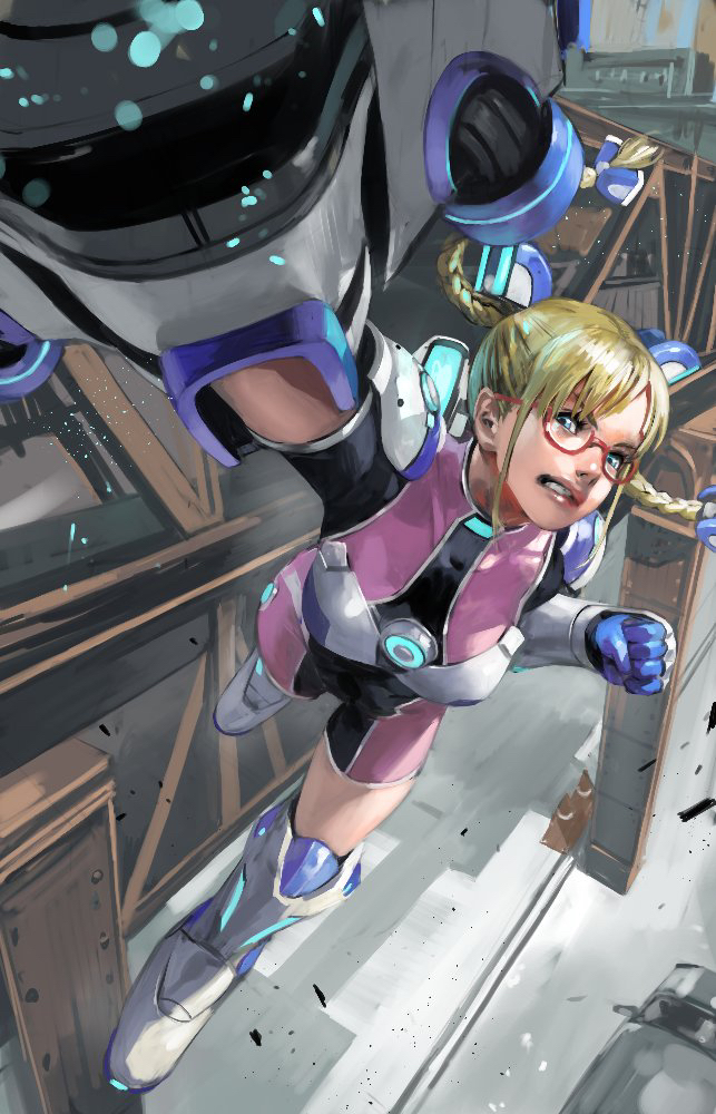 1girl area_(street_fighter) blonde_hair boots braid fighting_ex_layer gauntlets glasses jumpsuit junny mechanical_arms red-framed_eyewear single_mechanical_arm solo street_fighter street_fighter_ex_(series) twin_braids