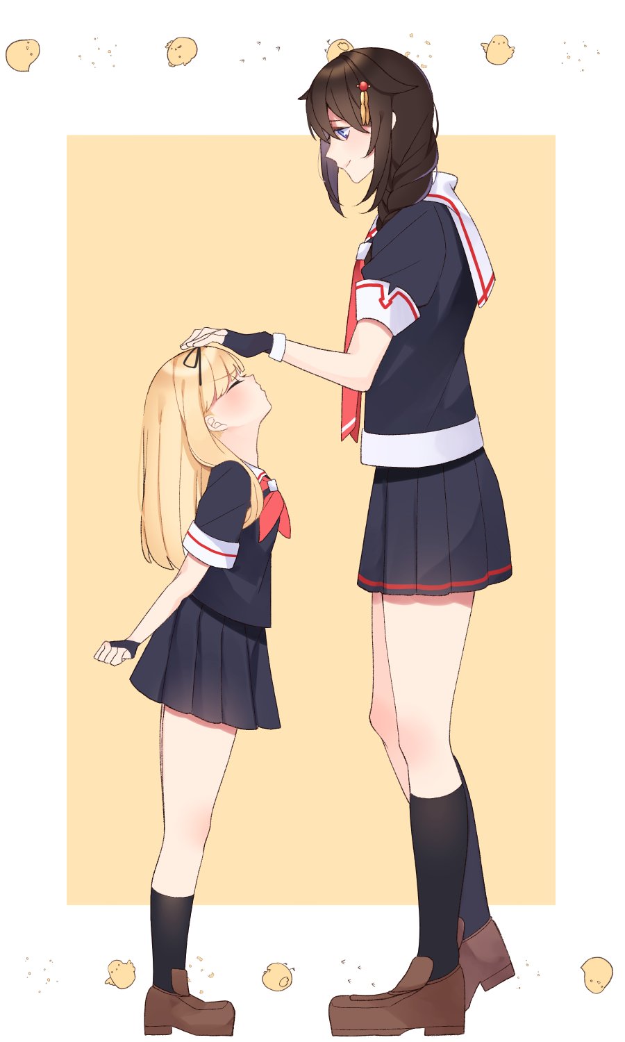 2girls age_difference ahoge bangs black_gloves black_hair black_legwear black_ribbon black_serafuku black_skirt blonde_hair blue_eyes blunt_bangs braid brown_footwear closed_eyes commentary_request fingerless_gloves gloves hair_flaps hair_ornament hair_over_shoulder hair_ribbon height_difference highres kantai_collection kneehighs kozu_(bloomme1_me) loafers long_hair multiple_girls neckerchief necktie petting pleated_skirt red_neckwear remodel_(kantai_collection) ribbon sailor_collar school_uniform serafuku shigure_(kantai_collection) shoes single_braid skirt standing straight_hair white_sailor_collar younger yuudachi_(kantai_collection)