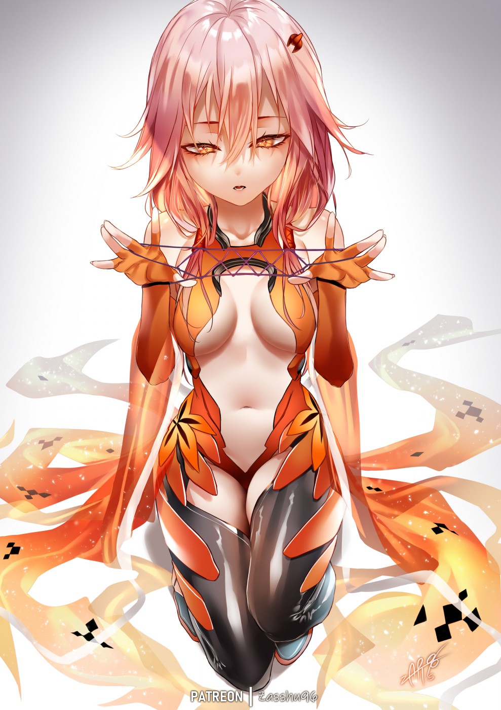 1girl bare_shoulders breasts cat's_cradle center_opening detached_sleeves fingerless_gloves gloves guilty_crown hair_ornament hairclip highres impossible_clothes medium_breasts pink_hair red_eyes shiny shiny_clothes shiny_legwear solo twintails yuzuriha_inori zasshu