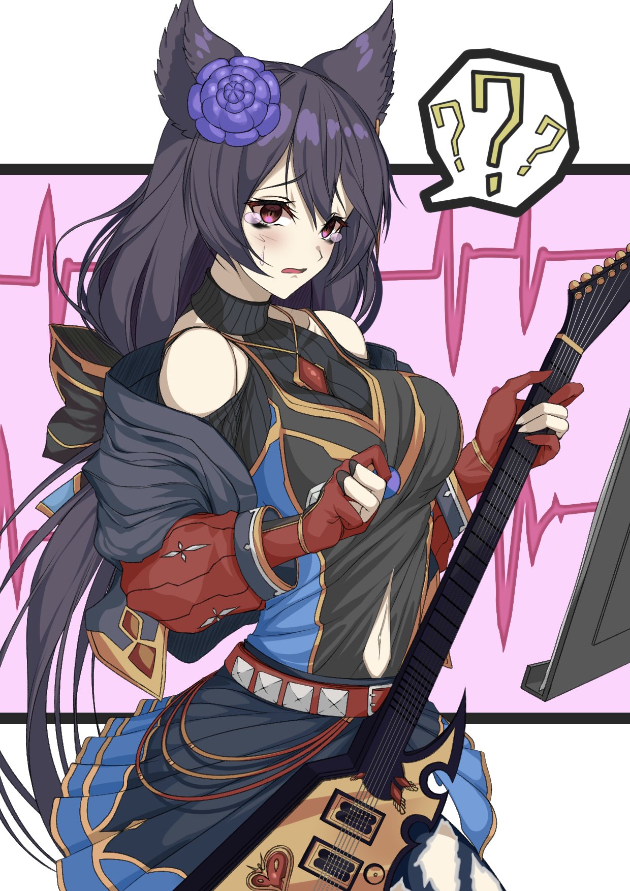 1girl ? ?? animal_ear_fluff animal_ears bangs blue_flower blush breasts brown_eyes cat_ears clothing_cutout crying eyebrows_visible_through_hair flower gloves granblue_fantasy guitar hair_flower hair_ornament highres holding holding_instrument ill_(0022) instrument jewelry medium_breasts navel navel_cutout necklace nier_(granblue_fantasy) open_mouth partially_fingerless_gloves red_gloves shoulders solo speech_bubble spoken_question_mark