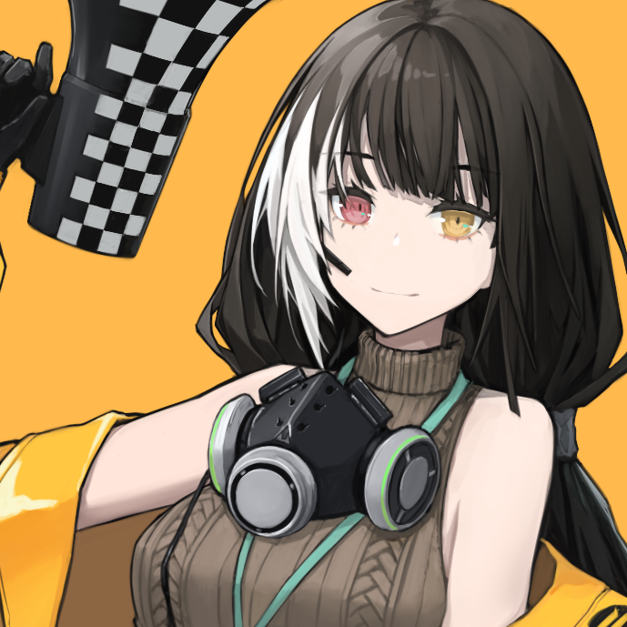 1girl bangs black_hair breasts commentary_request eyebrows_visible_through_hair gas_mask girls_frontline headset heterochromia holding holding_megaphone jacket jacket_over_shoulder lanyard large_breasts long_hair looking mask_around_neck megaphone mikoto_(oi_plus) mod3_(girls_frontline) multicolored_hair red_eyes ro635_(girls_frontline) sleeveless_sweater smile solo streaked_hair white_hair yellow_background yellow_eyes yellow_jacket