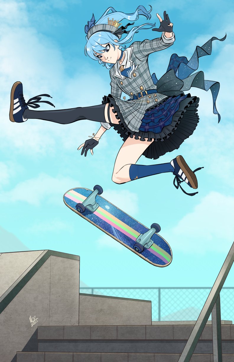 1girl adidas black_legwear blue_footwear blue_hair blue_legwear blue_sky day dress fence frilled_dress frills gloves highres hololive hoshimachi_suisei kneehighs m._lee_lunsford mismatched_legwear outstretched_leg partially_fingerless_gloves plaid plaid_dress plaid_headwear shoes single_kneehigh single_thighhigh skateboard skateboarding sky sleeves_folded_up sneakers solo stairs thigh-highs