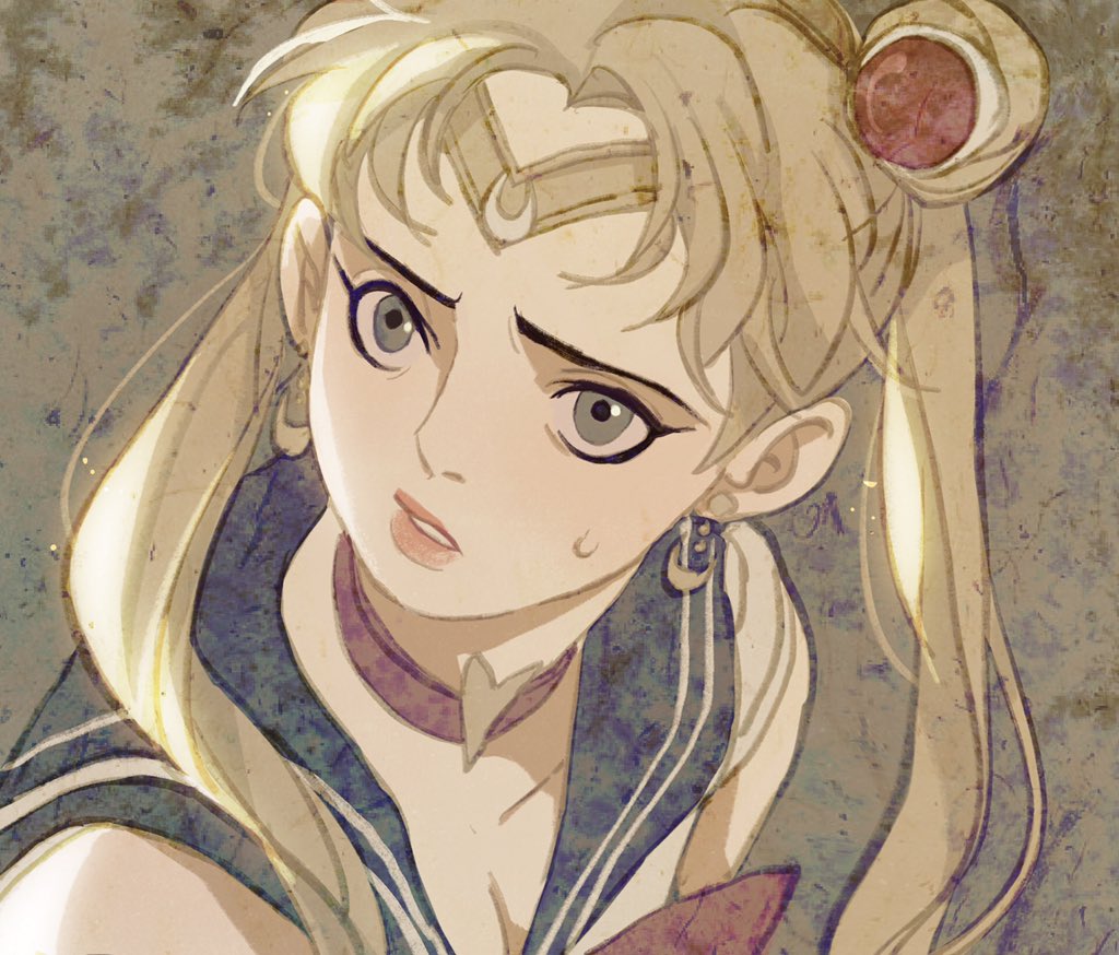 1girl bishoujo_senshi_sailor_moon blonde_hair blue_sailor_collar blush choker crescent crescent_earrings derivative_work diadem earrings hair_over_shoulder heart heart_choker jewelry luoman19921 parted_lips sailor_collar sailor_moon sailor_moon_redraw_challenge screencap_redraw solo tsukino_usagi twintails upper_body