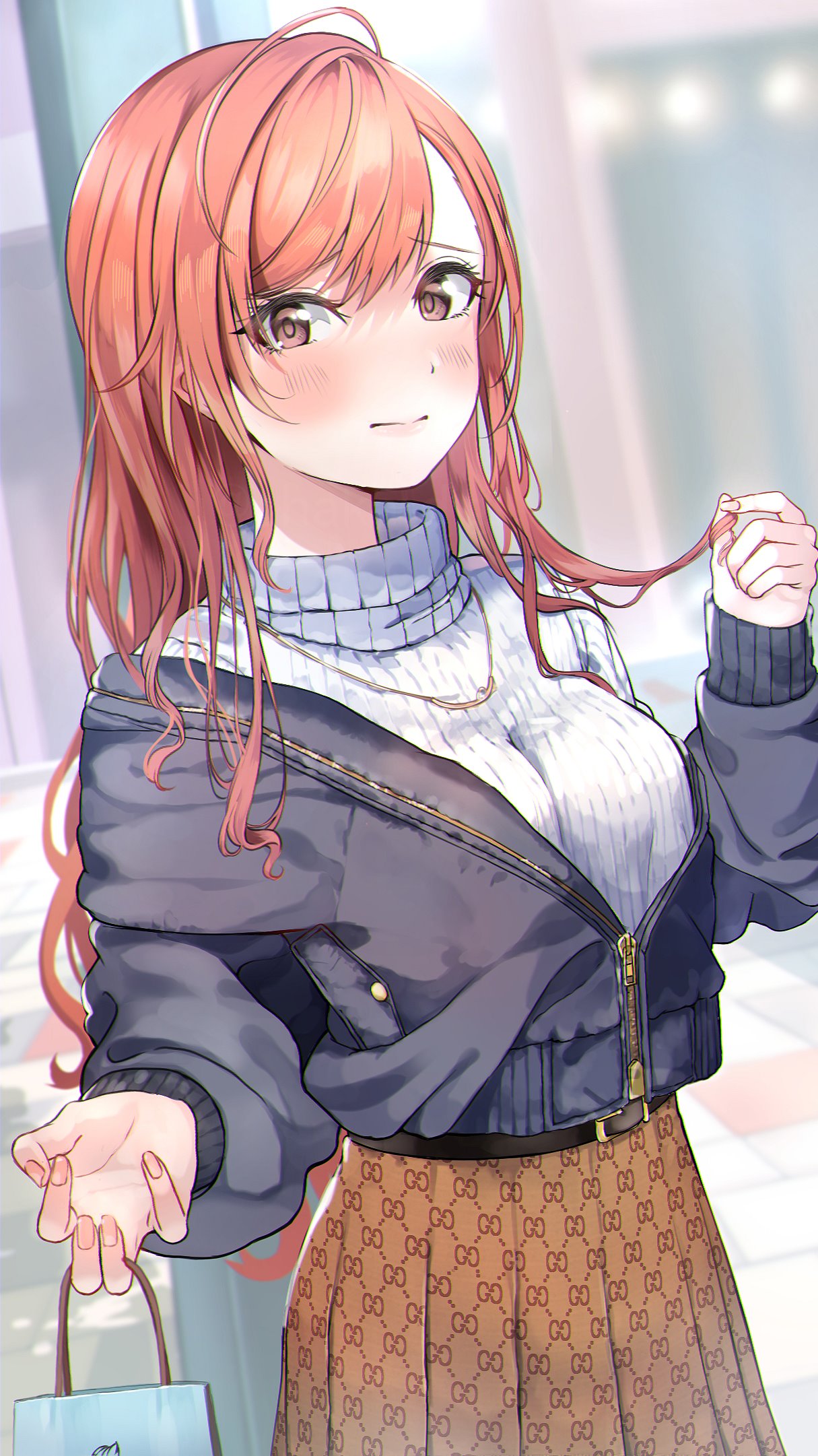 1girl arisugawa_natsuha bag bangs belt belt_buckle black_belt black_jacket blurry blurry_background blush breasts brown_eyes brown_skirt buckle closed_mouth commentary_request day depth_of_field eyebrows_behind_hair hair_between_eyes hair_twirling hand_up highres holding holding_bag idolmaster idolmaster_shiny_colors jacket looking_at_viewer medium_breasts off_shoulder open_clothes open_jacket orange_hair outdoors pleated_skirt ribbed_sweater shaka_(staito0515) skirt solo standing sweater turtleneck turtleneck_sweater valentine white_sweater