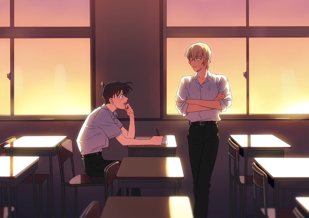 2boys :d amuro_tooru bangs belt black_pants blonde_hair blue_eyes brown_hair buttons chair chin_stroking classroom closed_mouth collarbone collared_shirt commentary_request crossed_arms curtains desk dress_shirt eye_contact from_side gradient_sky hair_between_eyes hand_up holding holding_pencil indoors k_(gear_labo) kudou_shin'ichi looking_at_another male_focus mechanical_pencil meitantei_conan multiple_boys notebook on_chair open_mouth pants pencil school_chair school_desk school_uniform shadow shirt shirt_tucked_in short_hair short_sleeves sitting sky sleeves_rolled_up smile standing twilight what_if white_shirt window