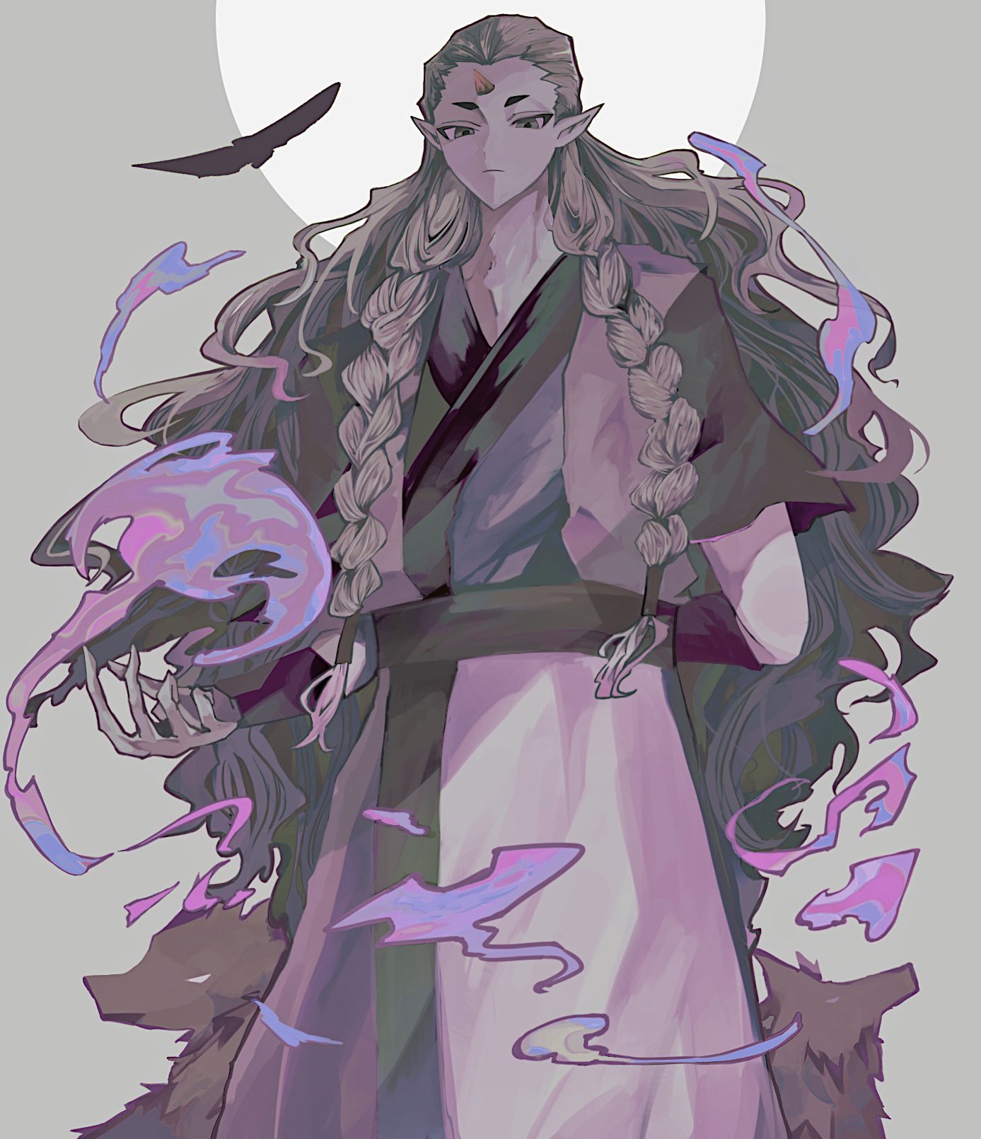 1boy arm_behind_back bird braid cowboy_shot diting_(the_legend_of_luoxiaohei) dog fire grey_background hair_pulled_back highres horns long_hair looking_at_viewer nxo11 pointy_ears purple_fire short_sleeves single_horn solo the_legend_of_luo_xiaohei twin_braids very_long_hair