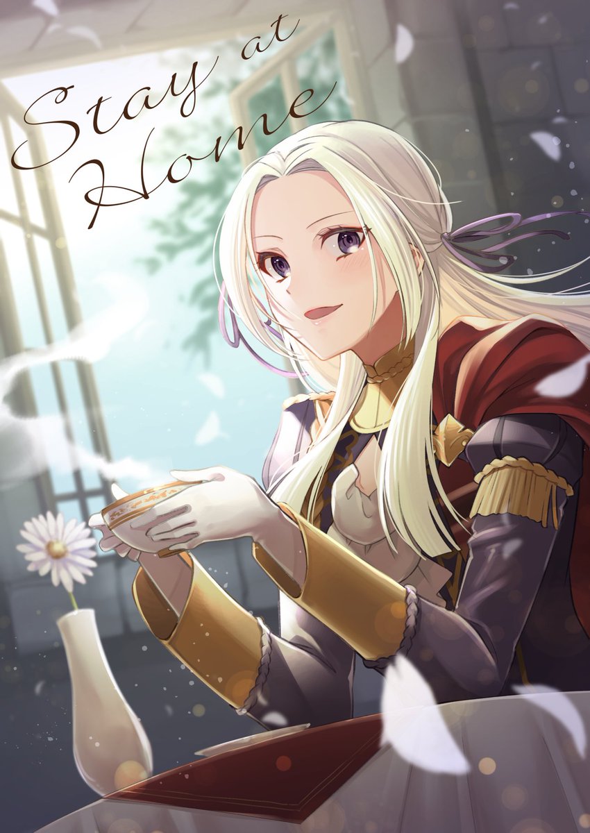 1girl blush cape chair cup edelgard_von_hresvelg fire_emblem fire_emblem:_three_houses flower garreg_mach_monastery_uniform gloves hair_ornament hair_ribbon highres ichino_tomizuki long_hair long_sleeves looking_at_viewer red_cape ribbon smile solo tea uniform violet_eyes white_hair