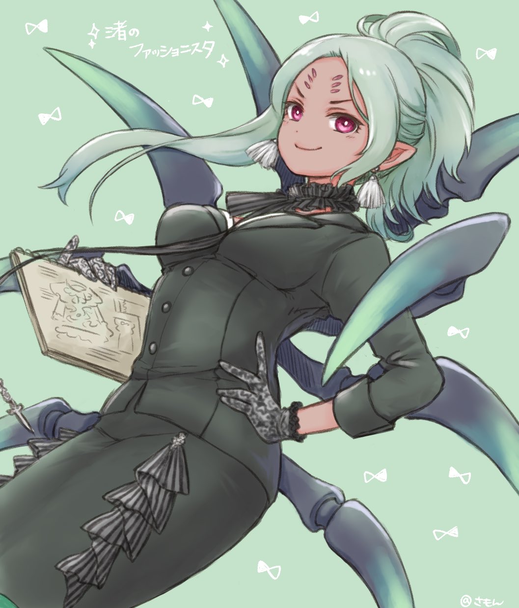 1girl arachne_(tokyo_houkago_summoners) arthropod_legs asymmetrical_hair blue_background bright_pupils choker dark_elf dark_skin dark-skinned_female earrings elf extra_eyes frilled_choker frills gloves hand_on_hip highres holding holding_notebook insect_girl jewelry light_green_hair long_hair long_sleeves looking_at_viewer notebook pencil_skirt pointy_ears ponytail simple_background skirt smile solo spider_girl summon_lw tokyo_houkago_summoners white_pupils