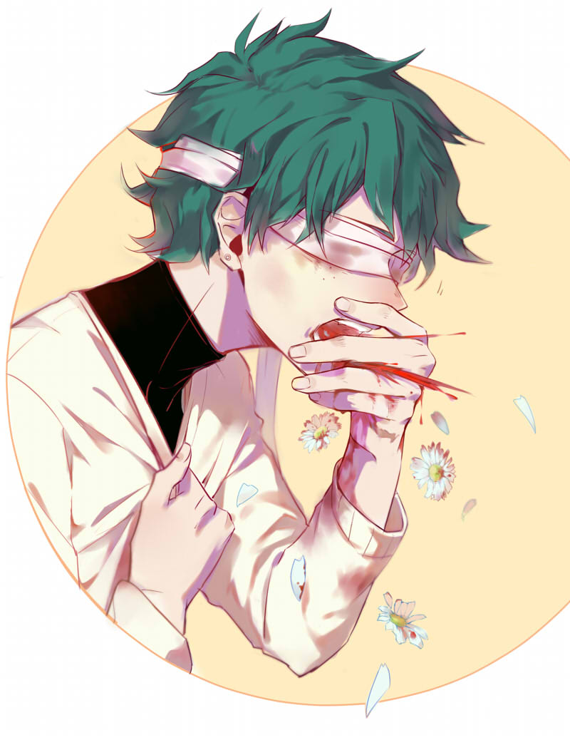 1boy alternate_costume bandages bandages_over_eyes bangs beige_sweater black_shirt blood blood_from_mouth boku_no_hero_academia commentary_request daisy flower from_side green_hair li_he long_sleeves male_focus midoriya_izuku shirt short_hair simple_background solo turtleneck upper_body white_flower