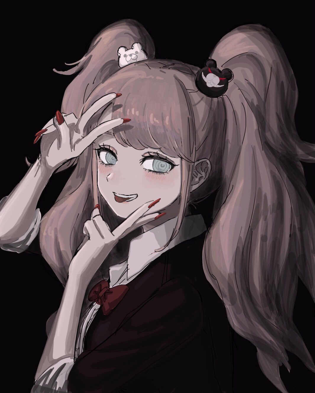 1girl bangs bear_hair_ornament black_background black_shirt blush bow breasts collared_shirt crazy_eyes dangan_ronpa:_trigger_happy_havoc dangan_ronpa_(series) double_v enoshima_junko fingernails from_side grey_eyes hair_ornament hands_up highres long_hair long_sleeves looking_at_viewer nail_polish red_bow red_nails renshu_usodayo sharp_fingernails shirt smile solo tongue tongue_out twintails upper_body v