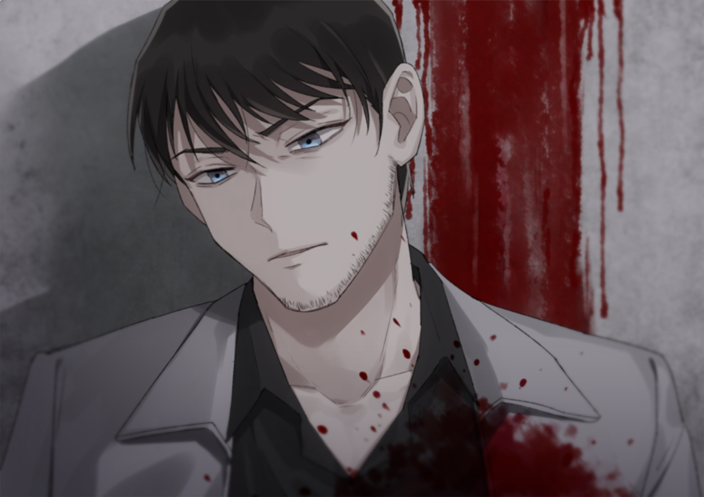 1boy against_wall bangs black_shirt bleeding blood blood_on_wall blood_splatter bloody_clothes blue_eyes brown_hair collarbone collared_shirt commentary_request deep_wound dying facial_hair grey_jacket grey_suit injury jacket k_(gear_labo) looking_down looking_to_the_side male_focus meitantei_conan parted_lips portrait scotch_(meitantei_conan) shadow shirt short_hair solo upper_body