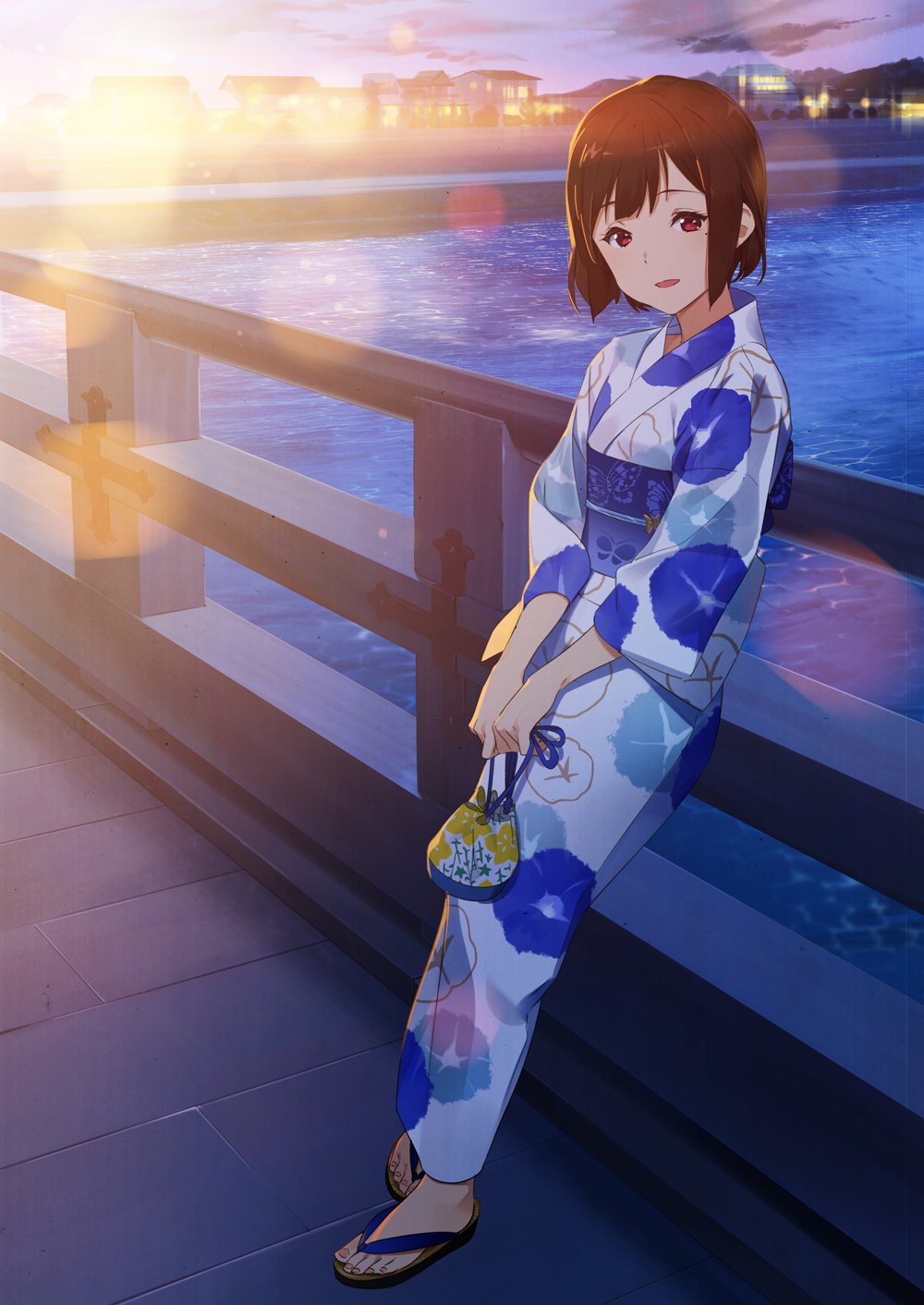 1girl :d bag blush bridge brown_hair building fence floral_print hibike!_euphonium highres holding holding_bag japanese_clothes kamo_kamen kimono leaning leaning_back lens_flare looking_at_viewer obi open_mouth red_eyes river sandals sash short_hair smile solo standing water