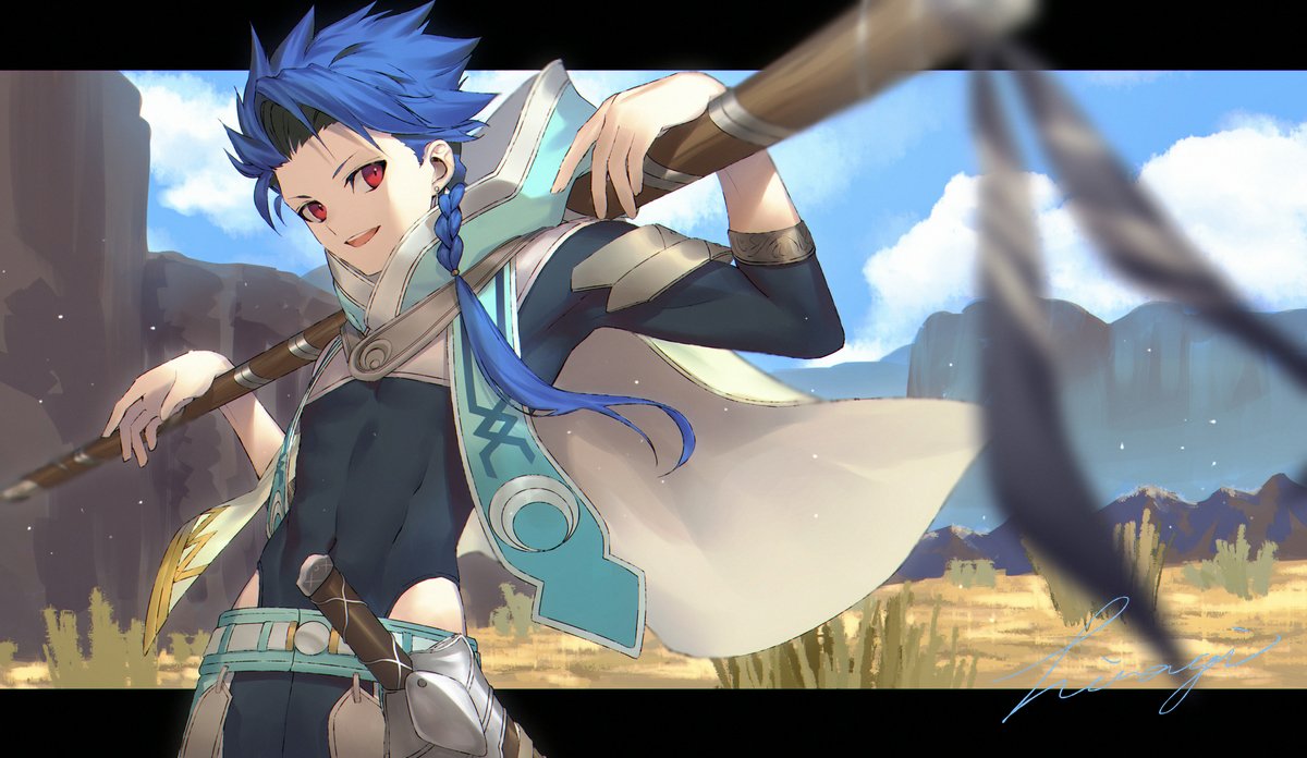 1boy asymmetrical_bangs asymmetrical_clothes bangs belt blue_hair blue_sky braid braided_ponytail capelet child clothing_cutout clouds cloudy_sky covered_navel cu_chulainn_(fate)_(all) earrings fate/grand_order fate/grand_order_arcade fate_(series) foreshortening hood hood_down hooded_capelet jewelry kibou long_hair long_sleeves looking_at_viewer male_focus mountain open_mouth outdoors ponytail red_eyes scabbard setanta_(fate) sheath skin_tight sky smile solo spiky_hair staff thigh_cutout