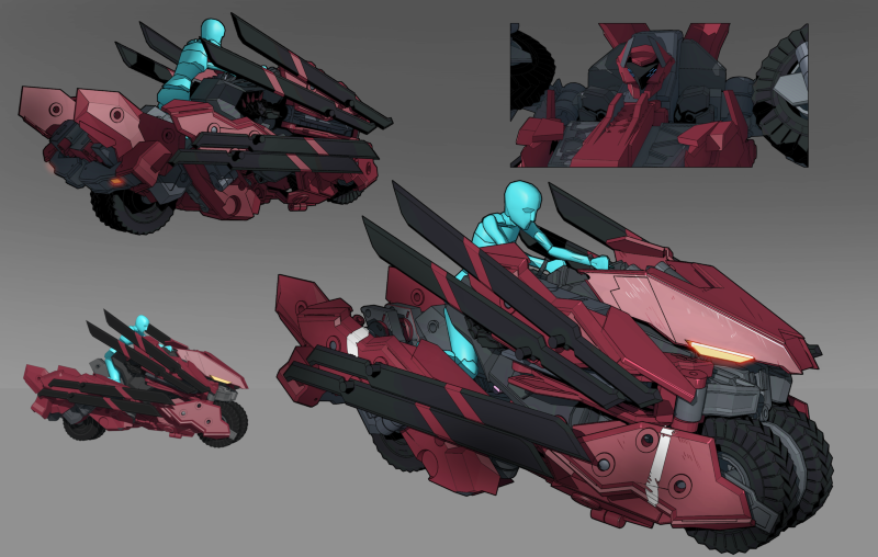 1other 3d bird/binary blue_eyes crimson_thunderbird extra_eyes gradient gradient_background ground_vehicle las91214 looking_ahead mecha motor_vehicle motorcycle multiple_views science_fiction wheel