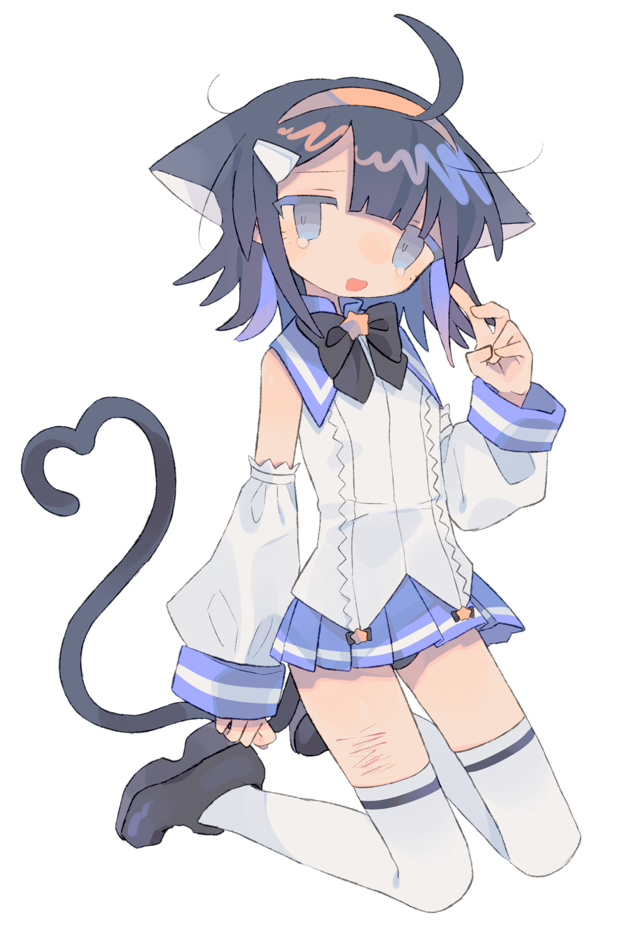 :d ahoge animal_ears arm_at_side bangs black_bow black_footwear black_hair black_neckwear black_panties blue_eyes blue_sailor_collar blue_skirt blunt_bangs bow bowtie cat_ears cat_girl cat_tail clenched_hand collared_shirt cuts daizu_(melon-lemon) detached_sleeves eyes_visible_through_hair from_side full_body gradient_eyes hair_between_eyes hair_ornament hairband hairclip hand_up head_tilt heart heart_tail high_collar highres injury kneeling long_sleeves looking_at_viewer looking_to_the_side microskirt multicolored multicolored_eyes no_nose open_mouth original panties panty_peek pleated_skirt puffy_long_sleeves puffy_sleeves sailor_collar self_harm shirt short_hair simple_background skirt sleeve_cuffs sleeveless sleeveless_shirt smile star_(symbol) tail tail_raised tearing_up tears thigh-highs underwear v white_background white_legwear white_shirt white_sleeves