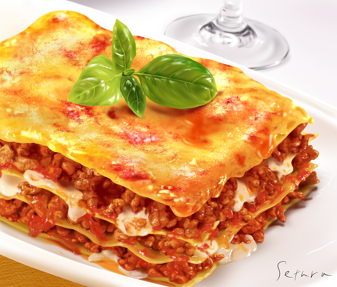 derivative_work food food_focus garnish glass lasagna_(food) leaf meat no_humans original plate sechura still_life