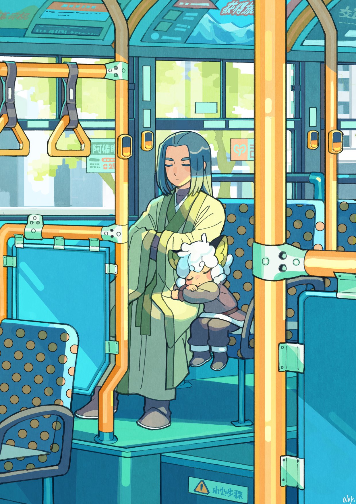 2boys abyff14 animal_ears black_hair bus bus_interior cat_boy cat_ears closed_eyes green_robe ground_vehicle highres long_sleeves luoxiaohei motor_vehicle multiple_boys robe sitting sleeping the_legend_of_luo_xiaohei white_hair wide_shot wide_sleeves window wuxian_(the_legend_of_luoxiaohei)