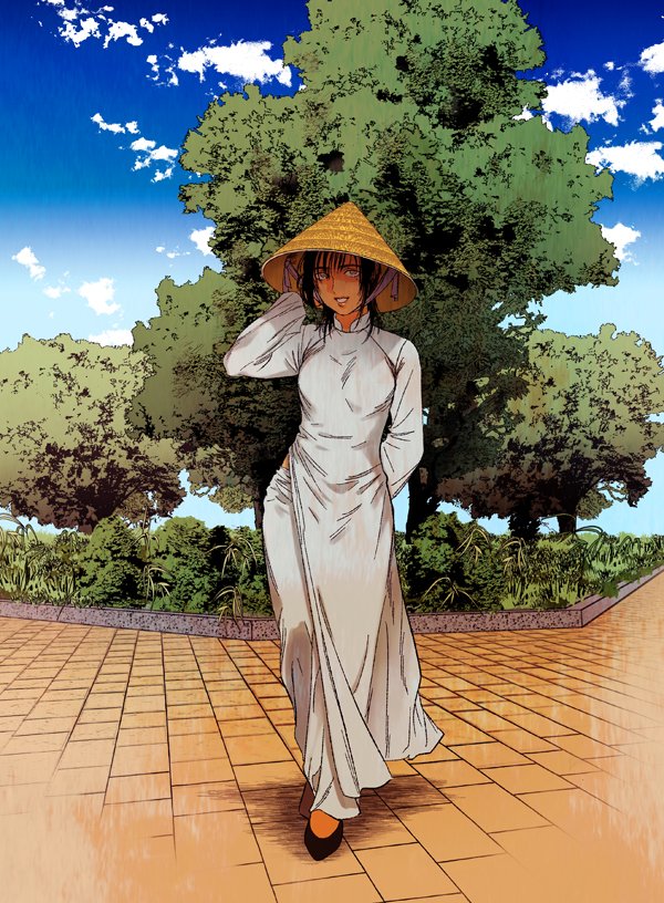 1girl arm_behind_back arm_behind_head black_hair blue_sky breasts brick_floor commentary_request dark-skinned_female dark_skin day dress full_body hat looking_at_viewer medium_hair original outdoors pants qt1_jo rice_hat sky smile solo standing tan tree vietnamese_clothes vietnamese_dress white_dress white_pants