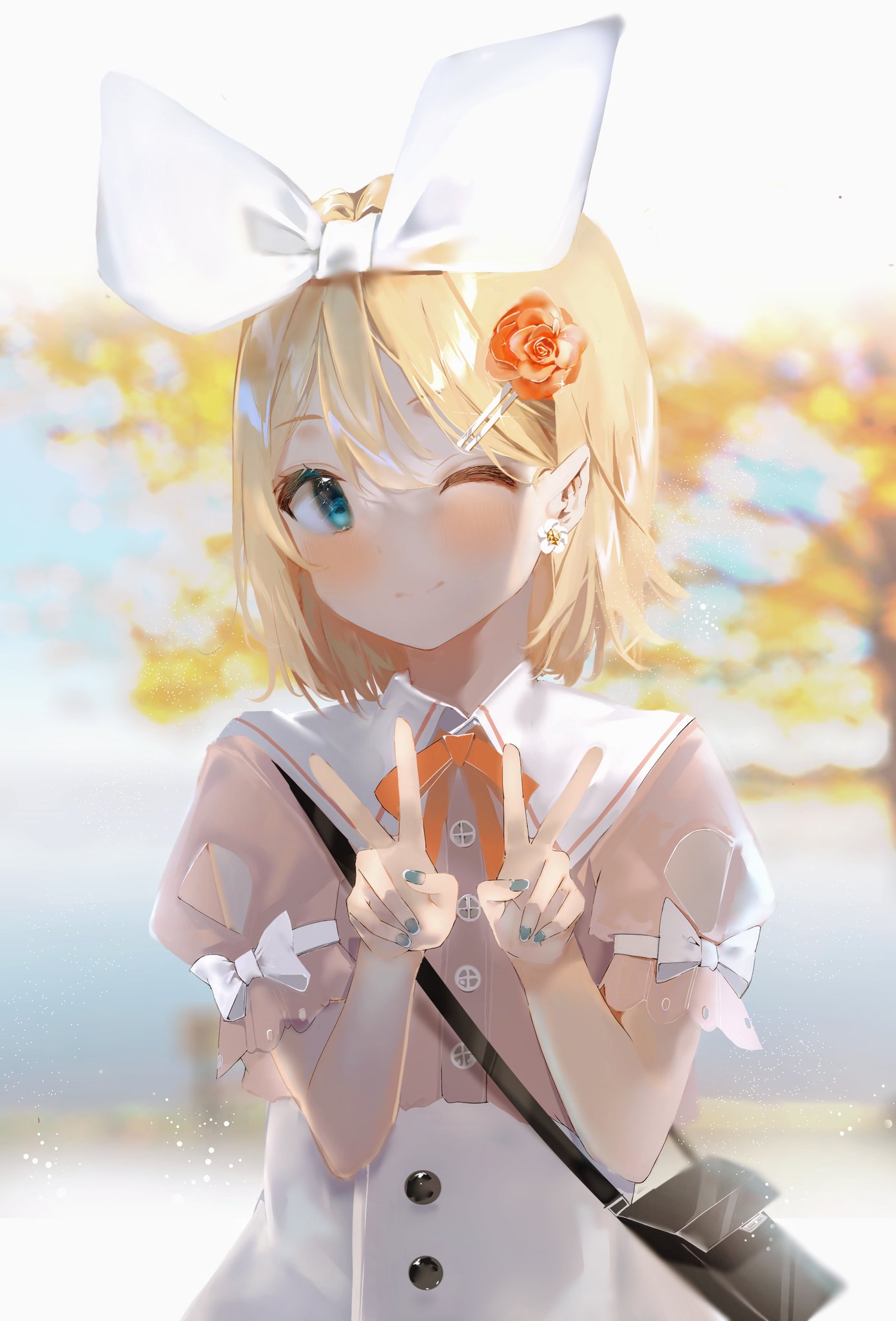 1girl ;) autumn_leaves bag bangs blonde_hair blue_eyes blue_nails blurry blurry_background bow brown_shirt buttons double_v earrings flower flower_earrings hair_bow hair_flower hair_ornament hairclip handbag highres iftuoma jewelry kagamine_rin looking_at_viewer nail_polish one_eye_closed ribbon sailor_collar school_uniform shirt short_hair short_sleeves skirt smile solo upper_body v vocaloid white_bow white_skirt