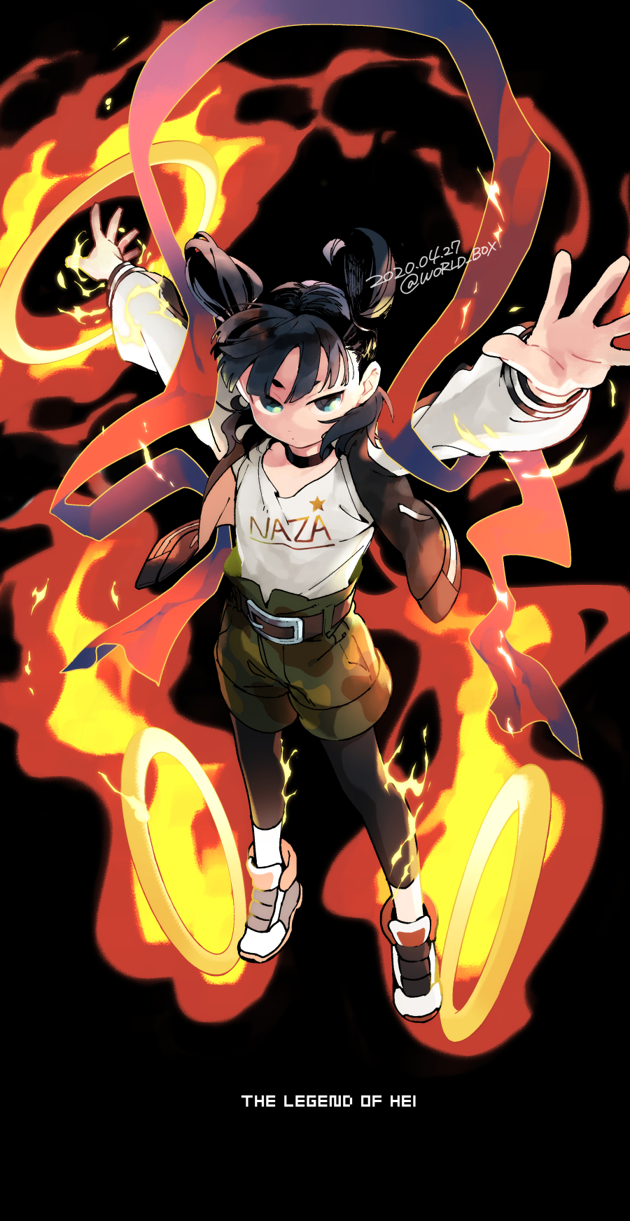 arms_up bangs black_background black_hair black_legwear blue_eyes camouflage camouflage_shorts copyright_name dated double_bun fire full_body highres legwear_under_shorts long_sleeves looking_at_viewer nezha_(the_legend_of_luoxiaohei) pantyhose shirt shirt_tucked_in shoes shorts the_legend_of_luo_xiaohei twitter_username vox white_shirt
