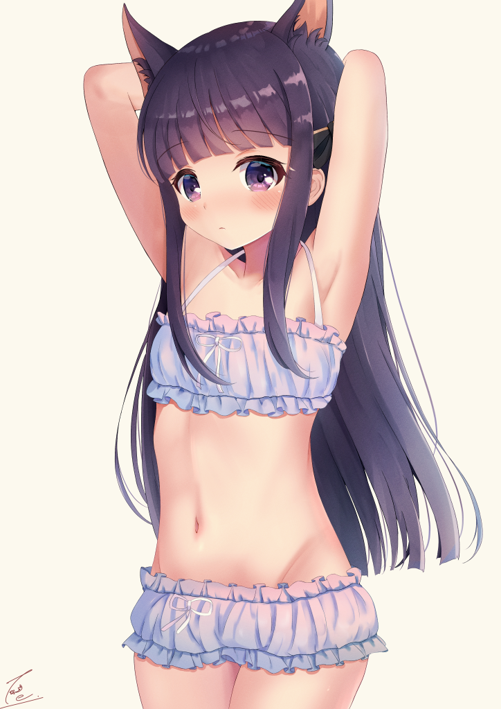 1girl animal_ear_fluff animal_ears armpits arms_behind_head arms_up bangs bare_shoulders blunt_bangs blush bra cinderella_bust closed_mouth collarbone commentary_request cowboy_shot extra_ears eyebrows_visible_through_hair flat_chest frilled_bra frilled_panties frills groin kasumi_(princess_connect!) long_hair looking_at_viewer midriff navel panties princess_connect! princess_connect!_re:dive purple_bra purple_hair purple_panties ribbon-trimmed_underwear ribbon_trim sidelocks signature simple_background solo standing teren underwear underwear_only very_long_hair violet_eyes white_background