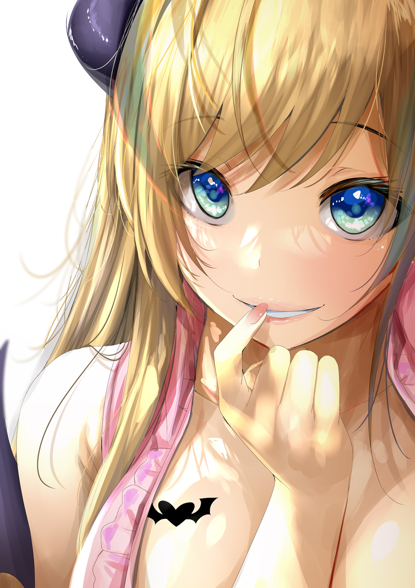 1girl bangs blonde_hair blue_eyes breast_tattoo breasts demon_girl demon_horns demon_wings eyebrows_visible_through_hair face finger_to_mouth frilled_shirt frills fumihiko_(fu_mihi_ko) highres hololive horns large_breasts long_hair looking_at_viewer nail_polish parted_lips pink_nails pink_shirt shirt simple_background smile solo tattoo virtual_youtuber white_background winged_heart wings yuzuki_choco