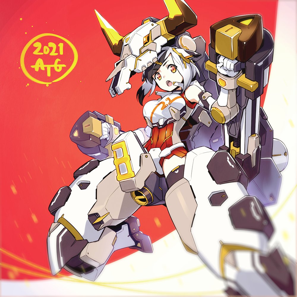 1girl 2021 :o black_hair breasts chinese_zodiac clenched_hands covered_navel degarashi_(ponkotsu) eyebrows_visible_through_hair horns looking_down mecha_musume medium_breasts multicolored_hair orange_eyes original science_fiction short_hair solo v-shaped_eyebrows white_hair year_of_the_ox