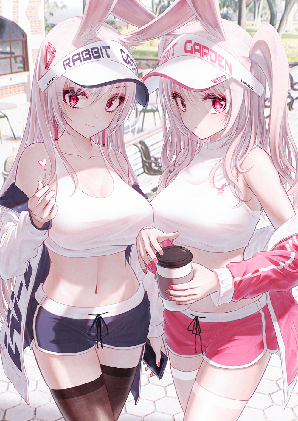 2girls animal_ear_fluff animal_ears armpit_crease bae.c bare_shoulders blue_shorts breasts brown_legwear bunny_girl collarbone crop_top cup day disposable_cup dolphin_shorts eyeshadow finger_heart highres holding jacket large_breasts lirin_(bae.c) liza_(bae.c) long_hair looking_at_viewer makeup midriff multiple_girls nail_polish navel off_shoulder one_side_up open_clothes open_jacket original outdoors pink_hair pink_jacket pink_nails pink_shorts rabbit_ears red_eyes shirt short_shorts shorts siblings sleeveless sleeveless_shirt slit_pupils spaghetti_strap stomach thigh-highs thighs twins visor_cap white_jacket white_legwear white_shirt
