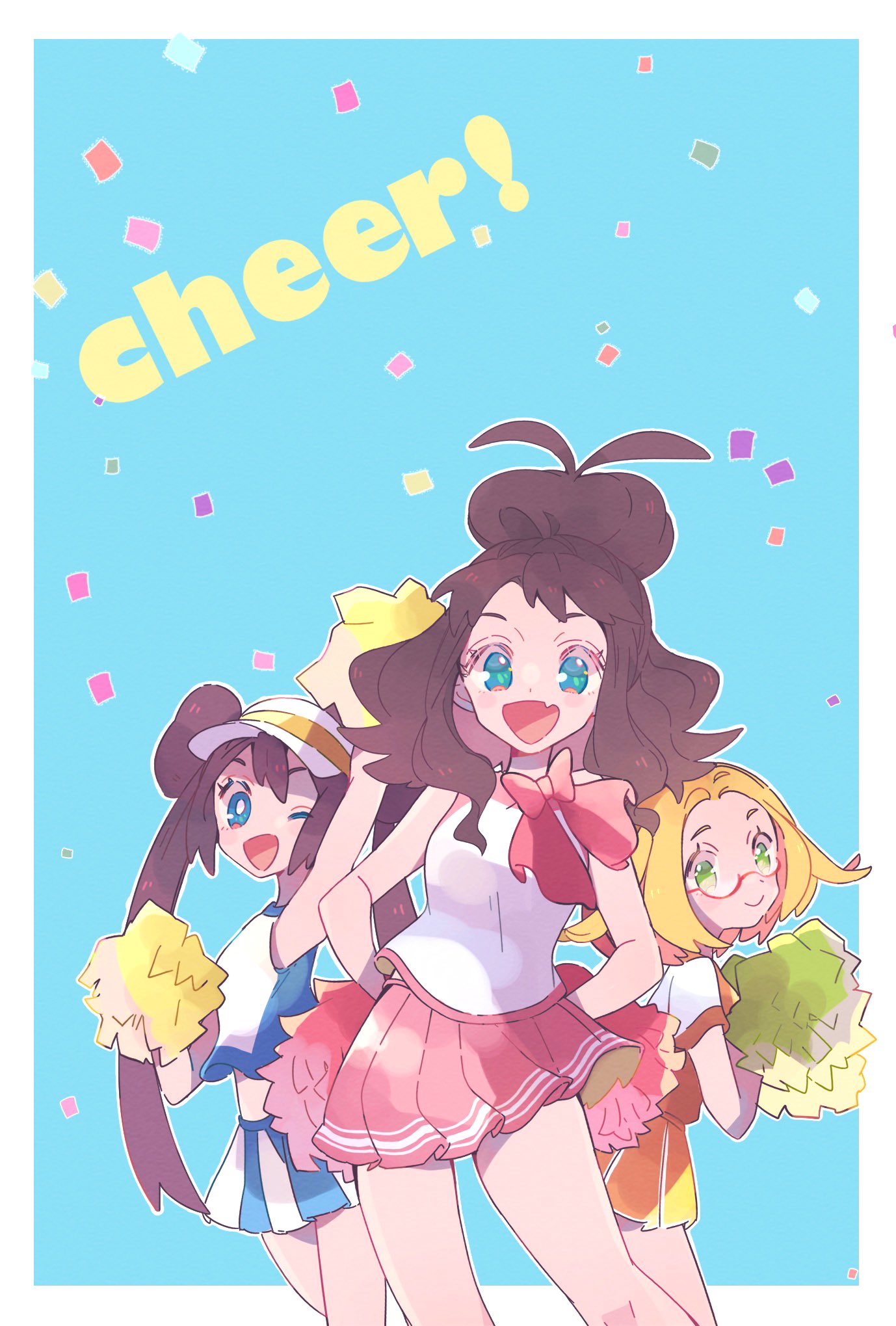 3girls :d ;d antenna_hair bangs bare_arms bianca_(pokemon) blonde_hair border bow commentary_request confetti double_bun eyelashes fang glasses green_eyes highres hilda_(pokemon) holding holding_pom_poms long_hair looking_at_viewer multiple_girls ohds101 one_eye_closed open_mouth outline pink_skirt pleated_skirt pokemon pokemon_(game) pokemon_bw pokemon_bw2 pom_poms rosa_(pokemon) semi-rimless_eyewear shirt short_sleeves skin_fang skirt smile tongue twintails