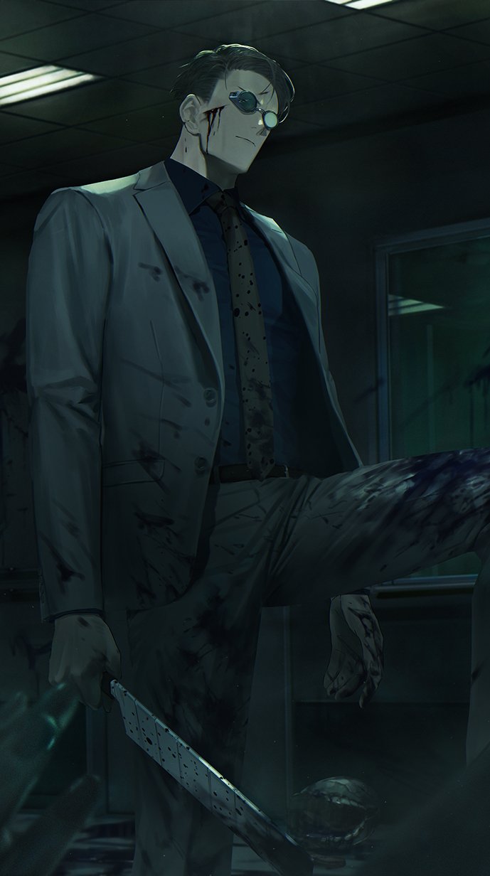 1boy blood blood_on_face bloody_clothes bloody_hands bloody_weapon blue_shirt closed_mouth collared_shirt corpse dark death dress_shirt feet_out_of_frame formal grey_jacket grey_pants grey_suit highres holding holding_sword holding_weapon indoors jacket jujutsu_kaisen kuro_(grf) leg_up long_sleeves male_focus nanami_kento necktie pants round_eyewear shirt short_hair solo sunglasses sword weapon