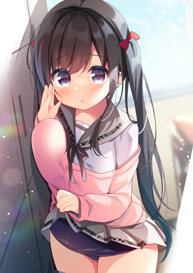 1girl :o bangs black_bow black_hair blue_swimsuit blurry blurry_background blush bow breast_press breasts cardigan commentary_request cowboy_shot depth_of_field eyebrows_visible_through_hair grey_sailor_collar grey_skirt hair_between_eyes hair_bow hanamiya_natsuka hand_up lifted_by_self long_hair looking_at_viewer medium_breasts old_school_swimsuit one-piece_swimsuit original parted_lips pink_cardigan pleated_skirt red_bow sailor_collar school_swimsuit school_uniform serafuku shirt shoe_locker skirt skirt_lift solo standing swimsuit swimsuit_under_clothes twintails very_long_hair violet_eyes white_shirt