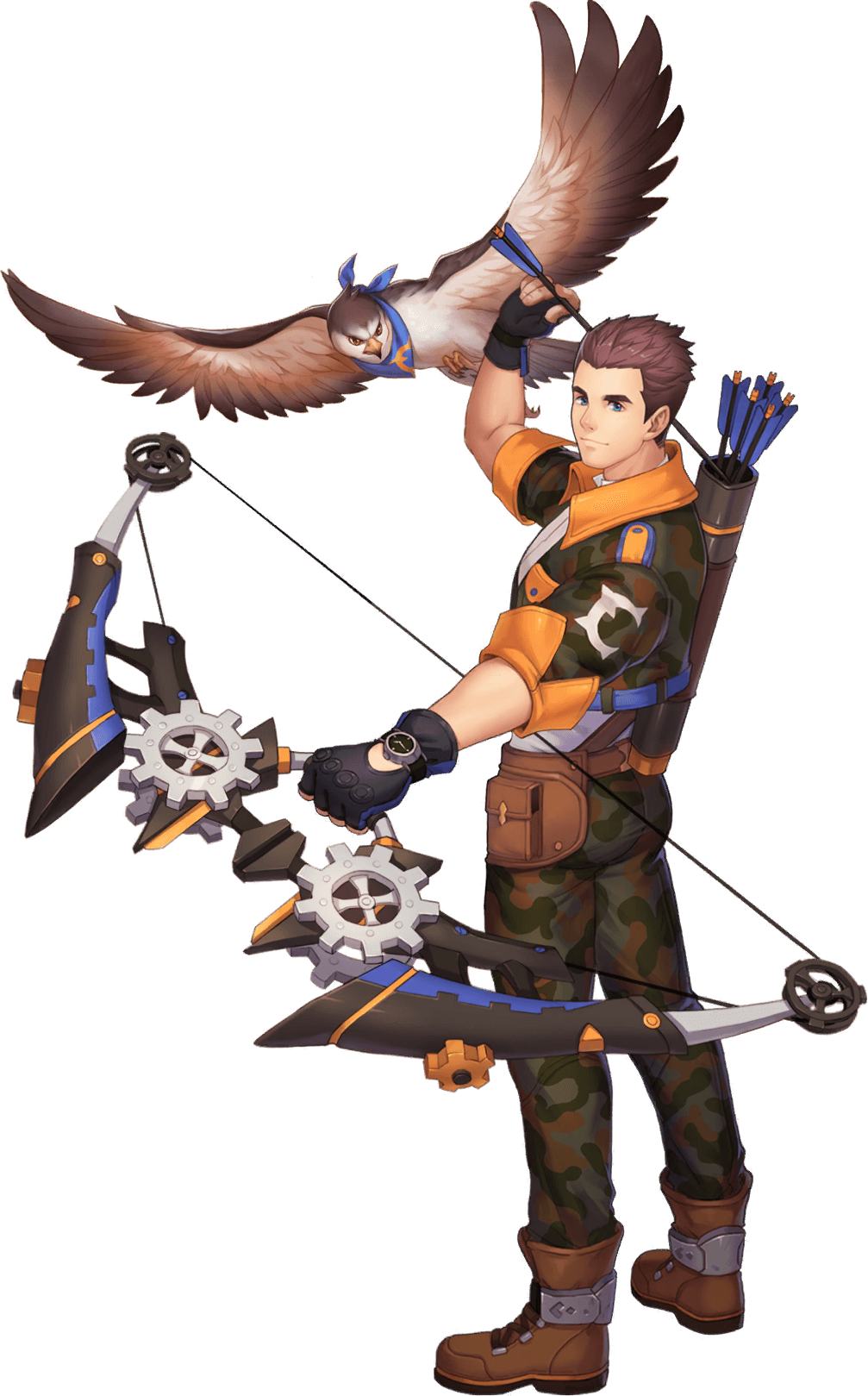1boy arrow_(projectile) artist_request ass bird bow_(weapon) brown_hair camouflage camouflage_jacket camouflage_pants eagle eddie_(gyee) gyee highres holding holding_weapon jacket lying male_focus official_art on_back pants short_hair smile solo weapon