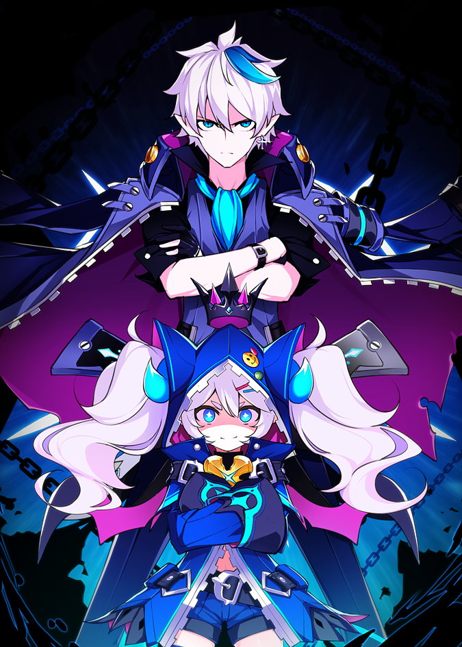 1boy 1girl belt black_gloves blue_coat blue_hair blue_horns blue_neckwear chain ciel_(elsword) closed_mouth coat coat_on_shoulders crossed_arms crown dreadlord_(elsword) elsword fingerless_gloves floating floating_object frown gloves gradient gradient_hair gun hair_between_eyes hair_ornament hairclip half_gloves height_difference hood hood_up horns looking_at_viewer luciela_r._sourcream manamachii multicolored multicolored_hair navel partially_fingerless_gloves pink_hair pointy_ears shaded_face sleeves_past_fingers sleeves_past_wrists sleeves_rolled_up slit_pupils smile thigh-highs torn torn_clothes torn_coat twintails weapon zipper