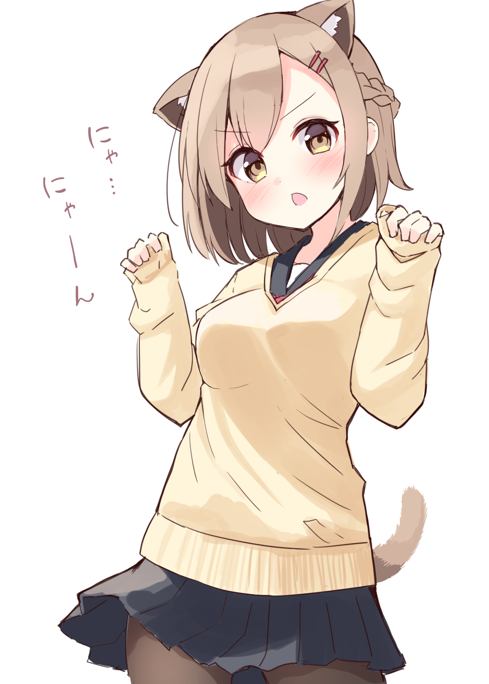 1girl animal_ear_fluff animal_ears bangs black_sailor_collar black_skirt blush braid breasts brown_eyes brown_hair brown_legwear cat_ears cat_girl cat_tail commentary_request eyebrows_visible_through_hair hair_ornament hairclip hands_up highres long_sleeves looking_at_viewer medium_breasts ominaeshi_(takenoko) open_mouth original pantyhose pinching_sleeves pleated_skirt sailor_collar school_uniform simple_background skirt sleeves_past_wrists solo sweater_vest tail translation_request v-shaped_eyebrows white_background