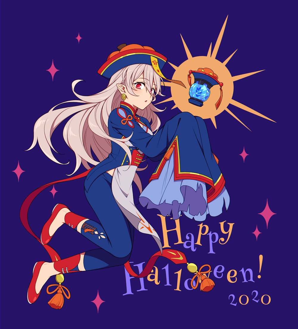 1girl chinese_clothes corrin_(fire_emblem) corrin_(fire_emblem)_(female) cosplay earrings ena_(fire_emblem) ena_(fire_emblem)_(cosplay) fire_emblem fire_emblem_fates fire_emblem_heroes floating floating_object full_body halloween_costume happy_halloween hat hiyori_(rindou66) jewelry jiangshi_costume long_hair ofuda pointy_ears qing_guanmao red_eyes simple_background solo white_hair