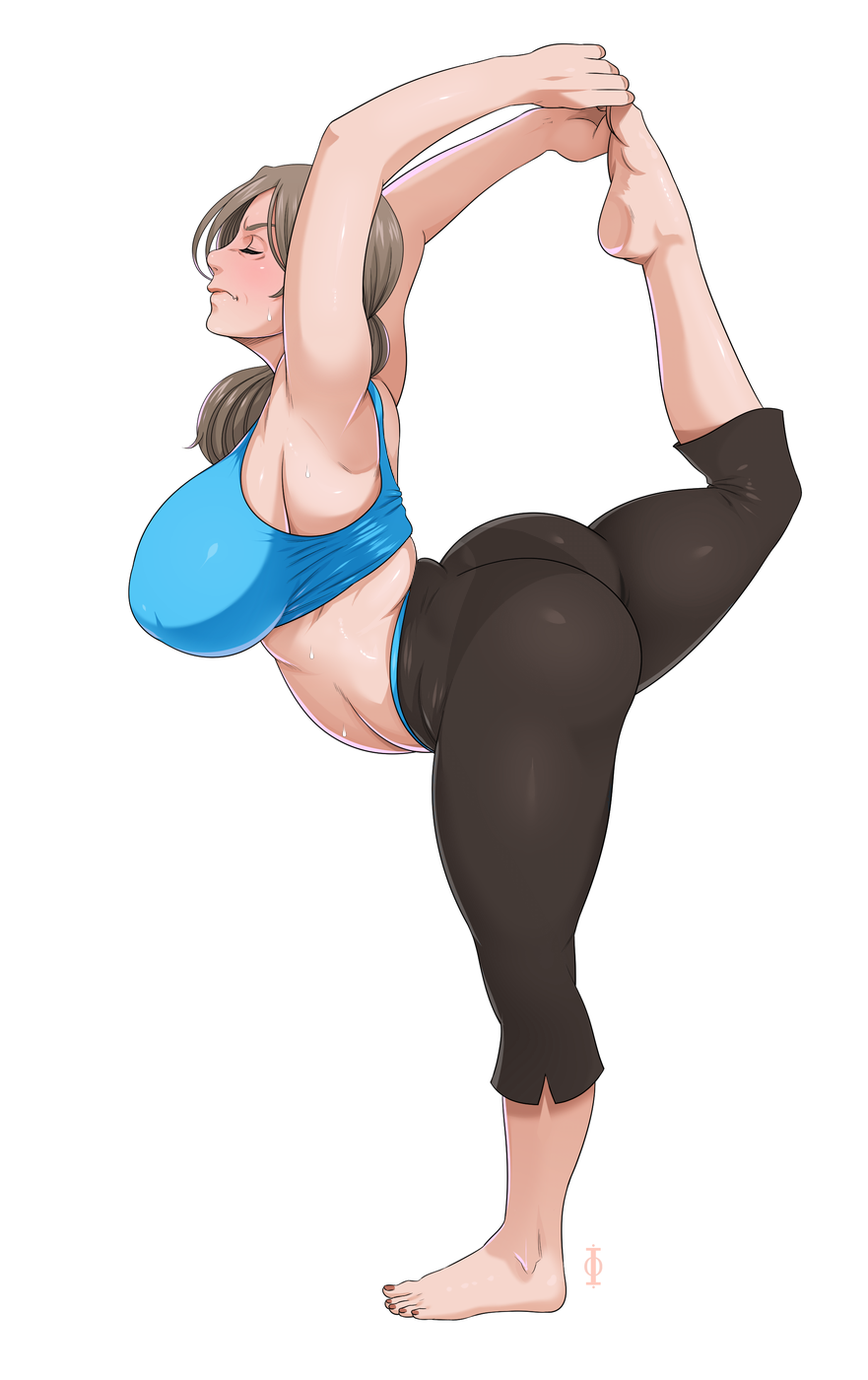 1girl armpits arms_up ass barefoot belly breasts brown_hair flexible highres large_breasts leg_up long_hair lunasanguinis mature simple_background solo thick_thighs thighs white_background wii_fit wii_fit_trainer