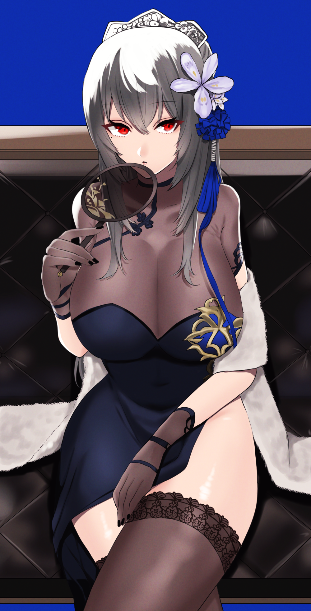 azur_lane black_legwear black_nails breasts chinese_clothes couch crossed_legs fan fur_trim gloves grey_hair hair_ornament highres holding holding_fan large_breasts long_hair mole mole_under_eye red_eyes saint-louis_(alluring_administrator)_(azur_lane) saint-louis_(azur_lane) sitting yappi~shagan