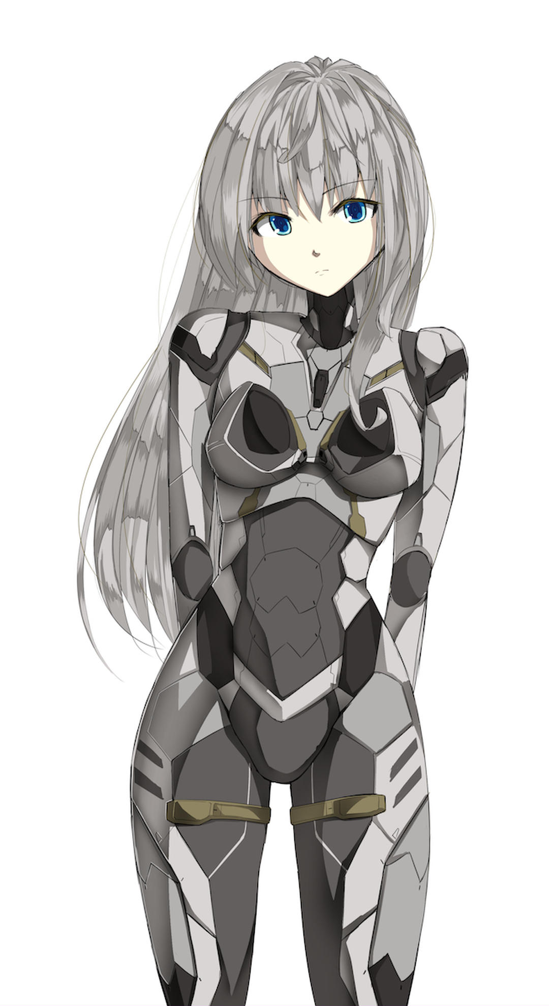 1girl armor bangs blue_eyes breasts eyebrows_visible_through_hair grey_hair head_tilt highres i.takashi long_hair looking_at_viewer medium_breasts original power_armor science_fiction solo