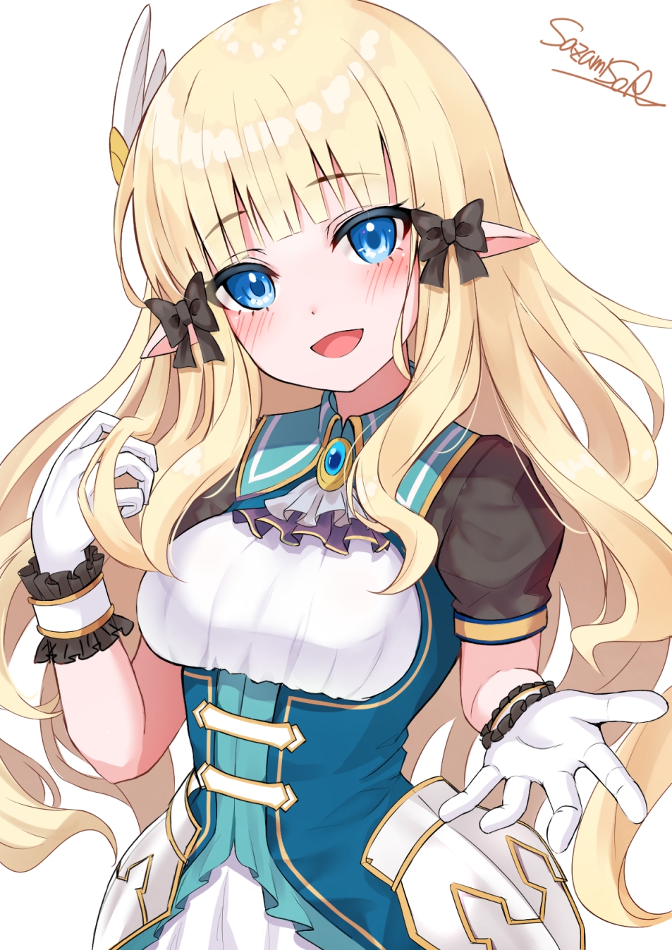 1girl :d ascot bangs black_bow blonde_hair blue_eyes blunt_bangs blush bow breasts collared_dress commentary_request dress elf eyebrows_visible_through_hair faulds framed_breasts gloves green_dress hair_bow hair_ornament highres long_hair looking_at_viewer medium_breasts open_mouth pointy_ears princess_connect! princess_connect!_re:dive saren_(princess_connect!) sazamiso_rx short_sleeves sidelocks signature simple_background smile solo standing white_background white_gloves